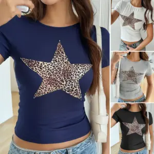 T Shirt Women Summer Crop Top Leopard Pentagram Print Tees Short Sleeves Round Collar Slim Fit Sexy 2025 Female Tops Streetwear